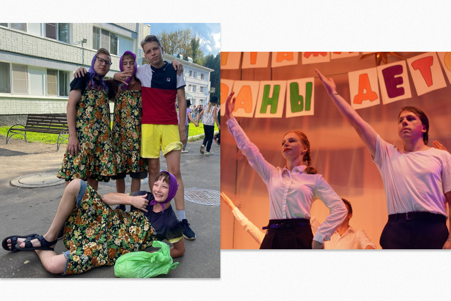 Мальчики в платках на смене в детском лагере «Сахареж» на День России в 2023 году и открытие смены в 2024 году. Фото: сообщество лагеря «Сахареж» в VK