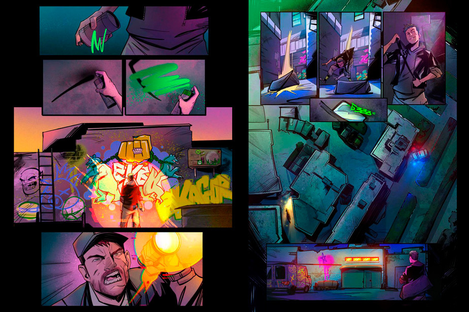 Фрагменты комикса «Малахит»: Валера рисует антикоррупционное граффити