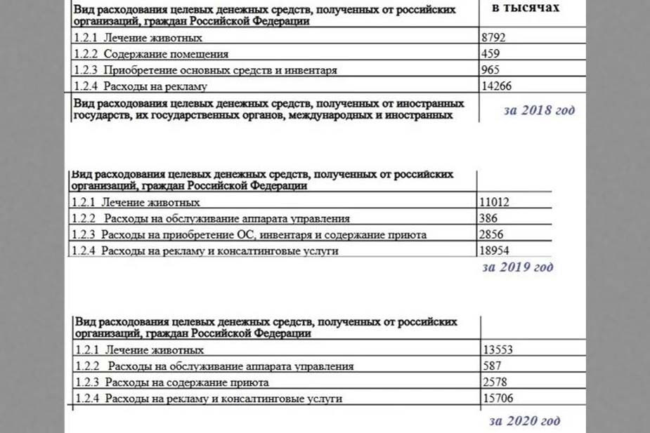 Скриншоты с сайта Минюста. В 2018 и 2019 годах траты на рекламу выше, чем на лечение животных