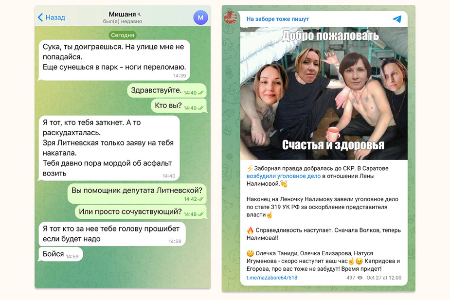 Скриншот с угрозами в адрес Елены Налимовой и сообщения о ней в анонимном телеграм-канале. Источник: Налимова online / Telegram