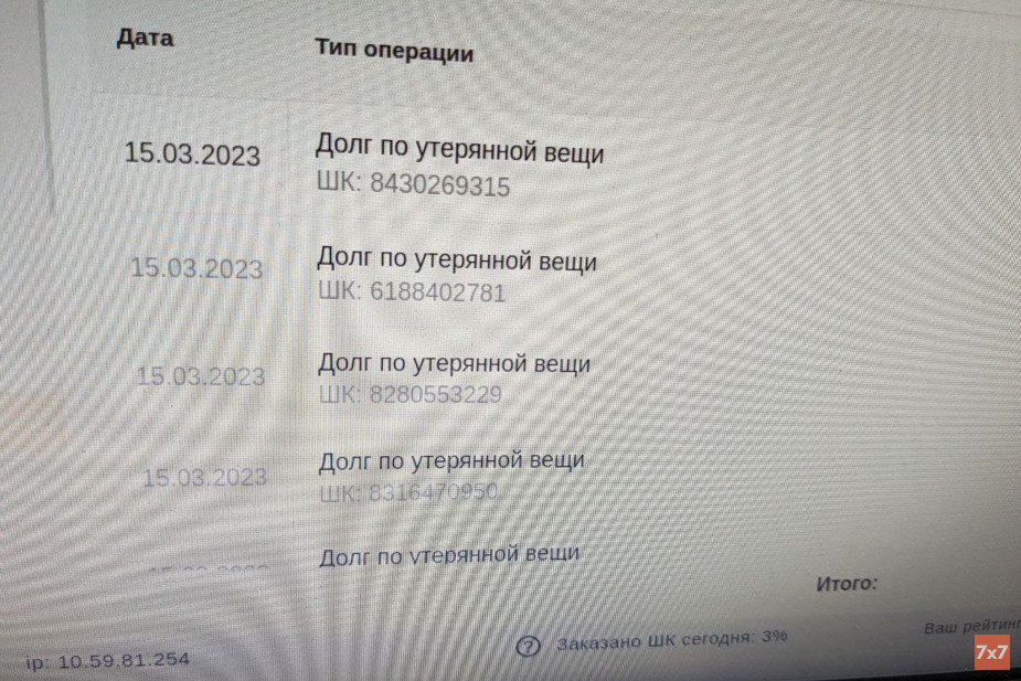 Снимок экрана с долгами работников Wildberries