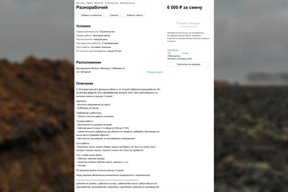 Description of the work to reinforce the trenches in the Donetsk region. Screenshot of the ad on Avito